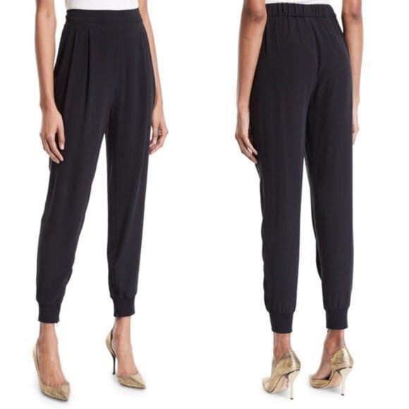 Eileen Fisher Size XS Silk Crepe Pull On Jogger Pants Pockets Ankle Zip Black - Picture 1 of 12